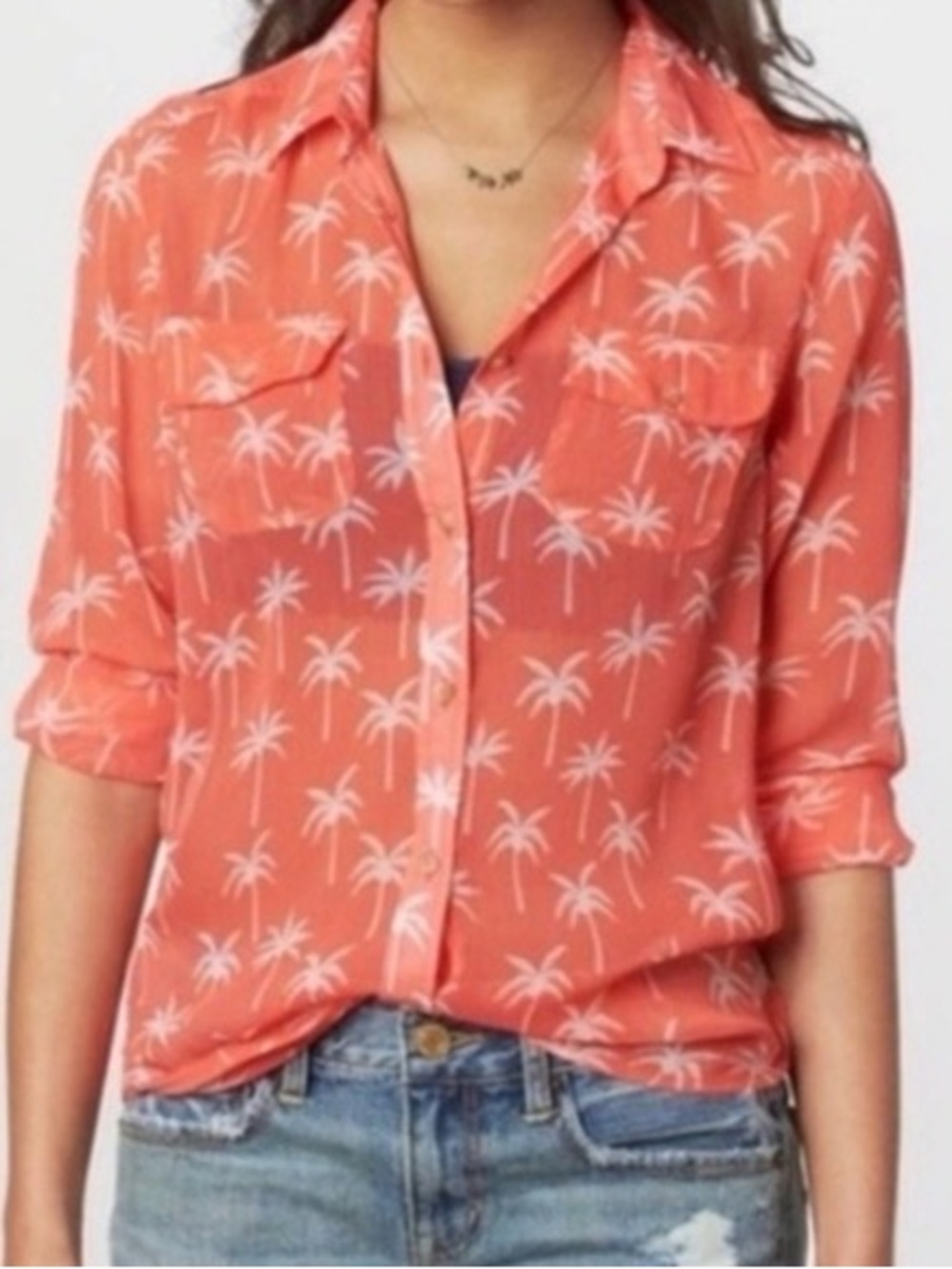 American Eagle Y2K Coral Pink Sheer Palm Tree Button Down Top‎